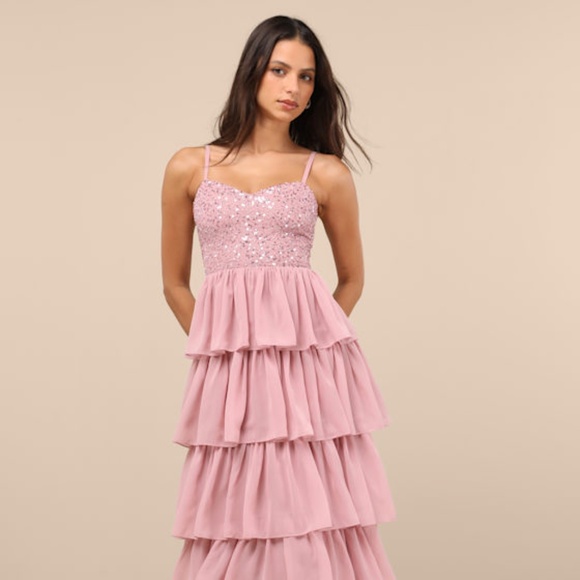 Lulus Galina Mauve Sequin Tiered Maxi Dress Pink - Size L - Picture 1 of 3